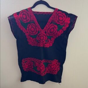 Hand-Embroidered Floral V-Neck Blouse - Black with Red